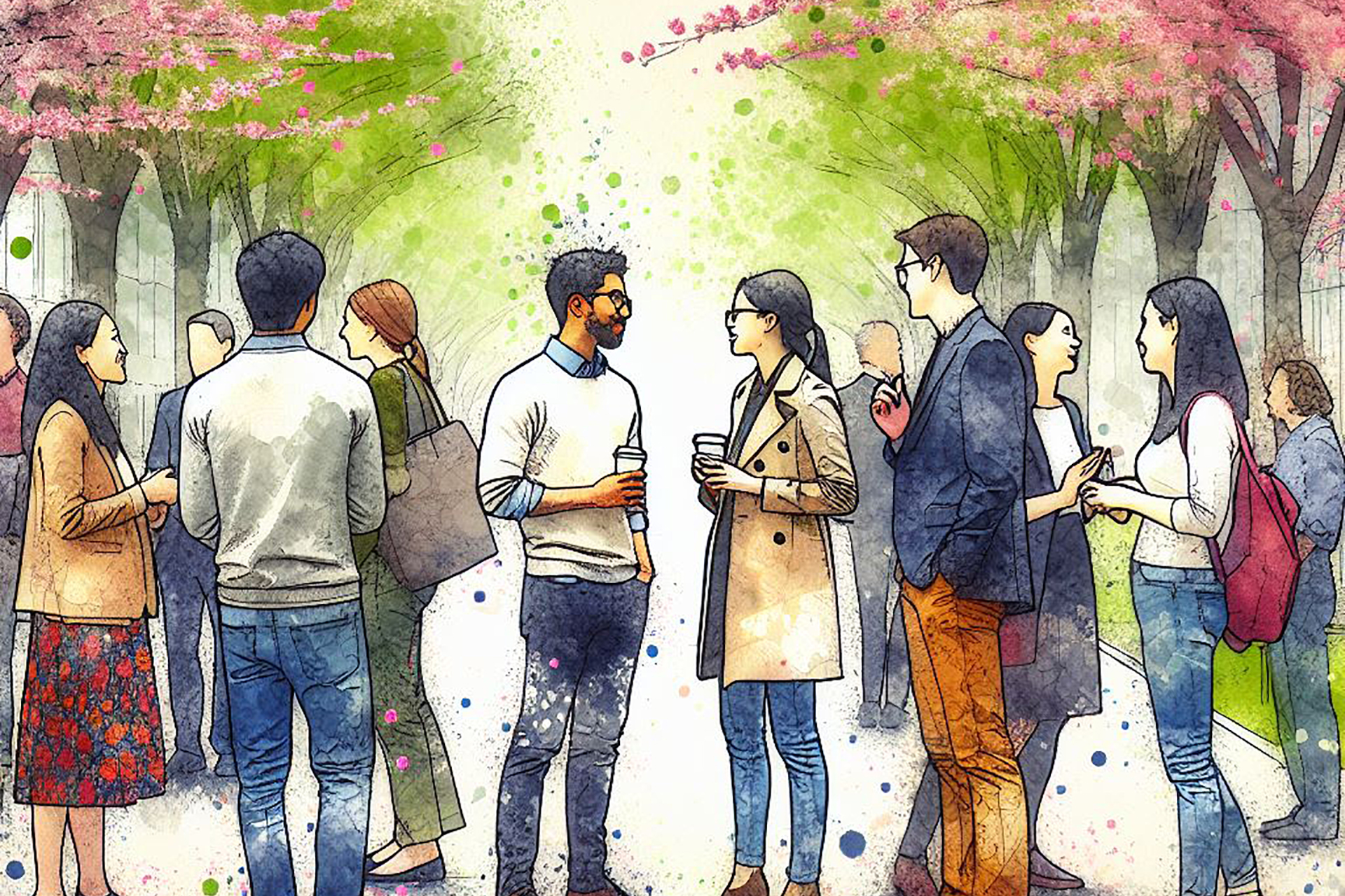 image of faculty and students talking on a tree-lined walkway in spring