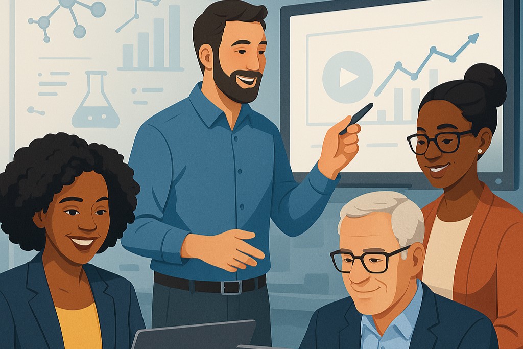 A professional and inviting digital illustration representing access to educational technology resources. The scene includes a diverse group of university instructors (men and women of different ethnicities) engaging with digital tools like laptops, tablets, and interactive screens in a modern academic setting. The environment should feel collaborative and innovative, with subtle science-themed elements (like molecules, data charts, or lab equipment) in the background.