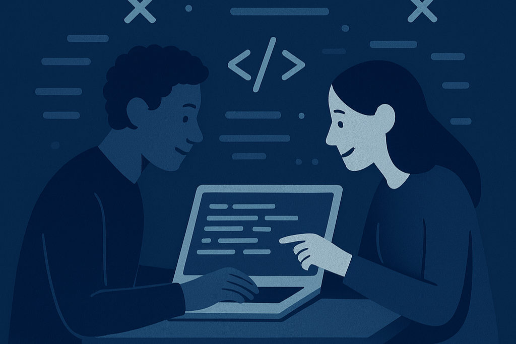Two people sit side by side at a small table, collaborating on a laptop. One person types while the other points at lines of code displayed on the screen.